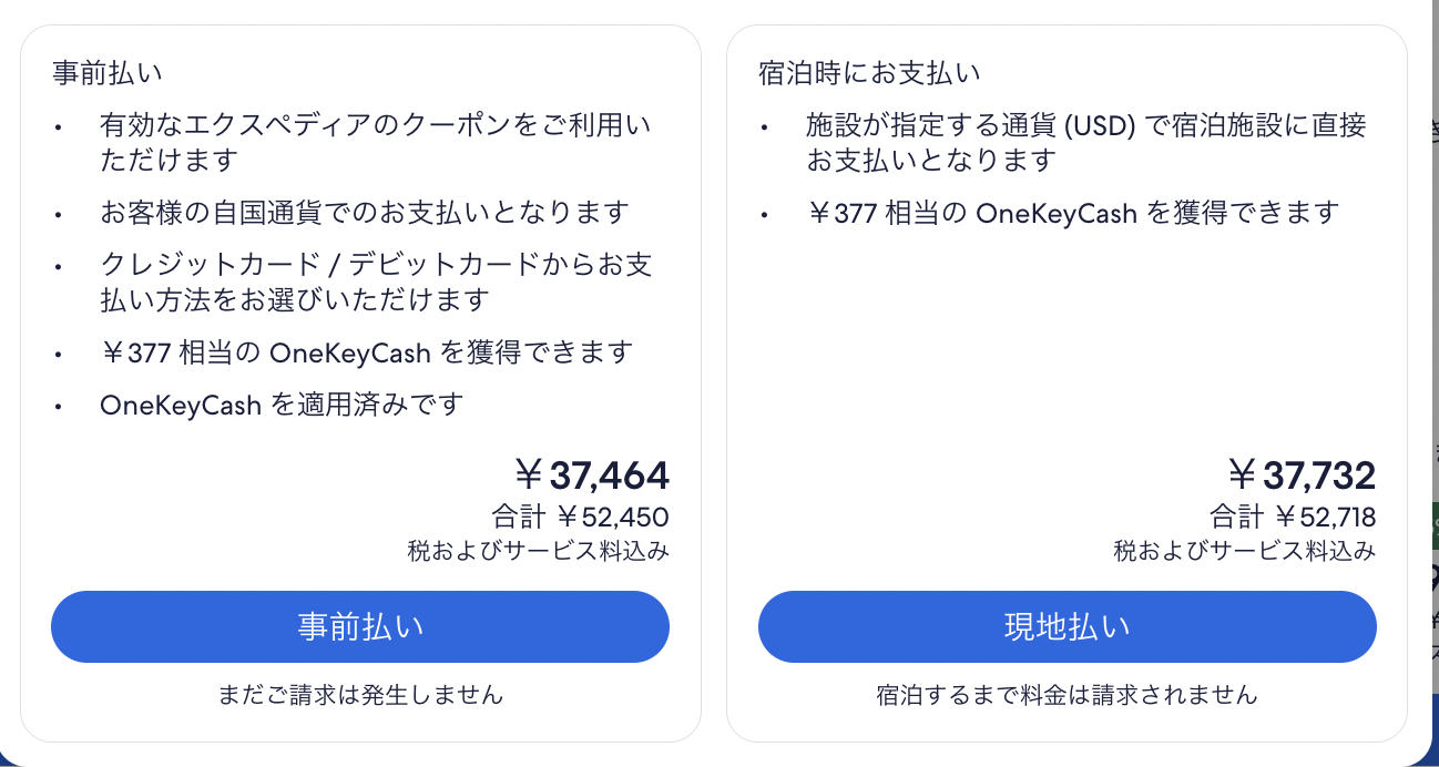事前支払いと現地支払いの項目